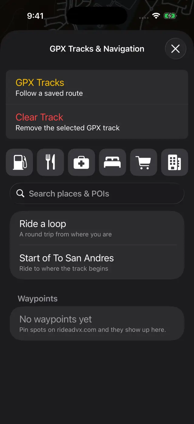 The Ride to screen with six one-tap place categories, offline search, and the Ride a loop shortcut