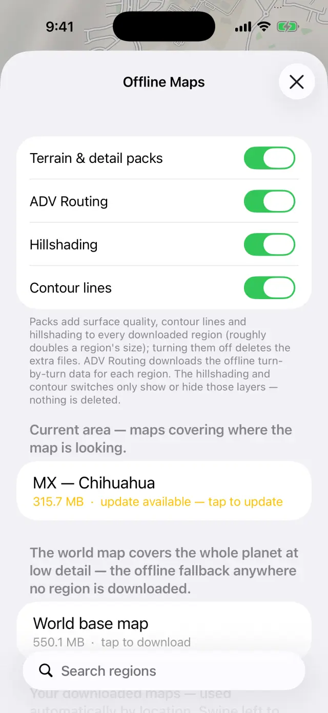 The Offline Maps screen with downloaded regions and the terrain and detail pack toggles