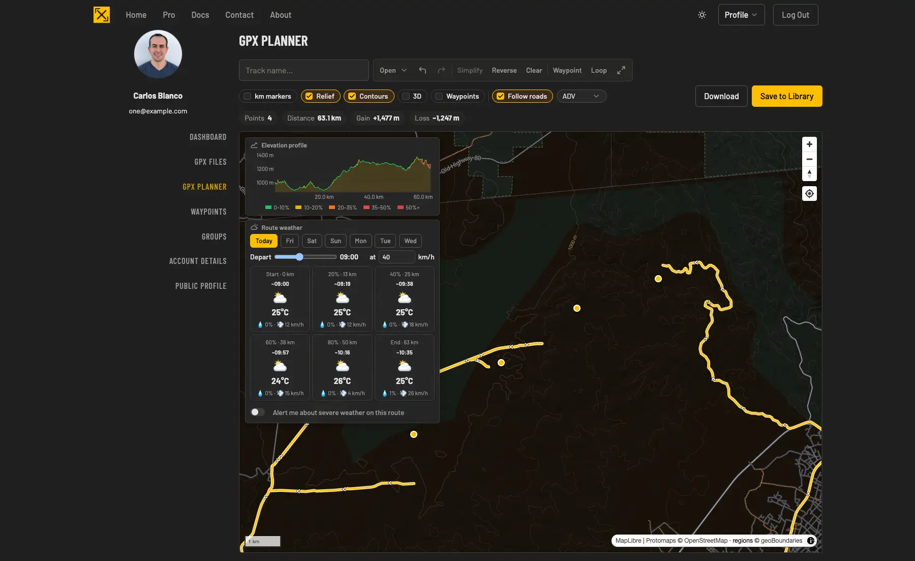 The GPX Planner with a route snapped to roads and the routing profile selector