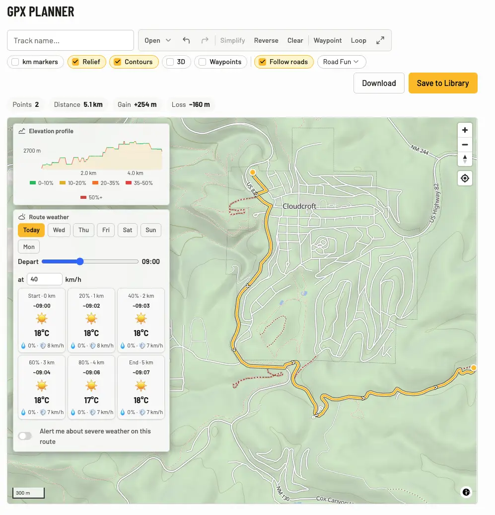 The GPX Planner with a route snapped to roads and the routing profile selector
