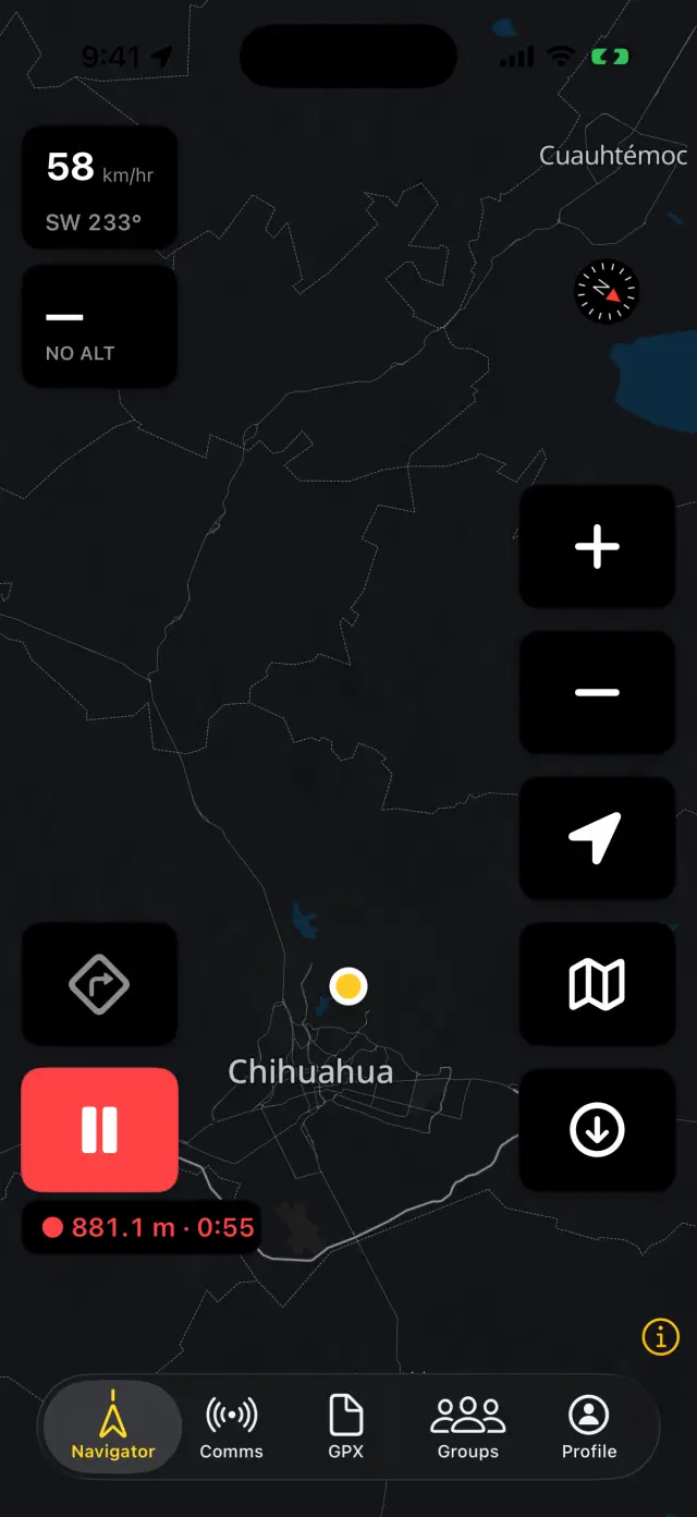 A recording in progress showing the red pause button and the distance and time pill