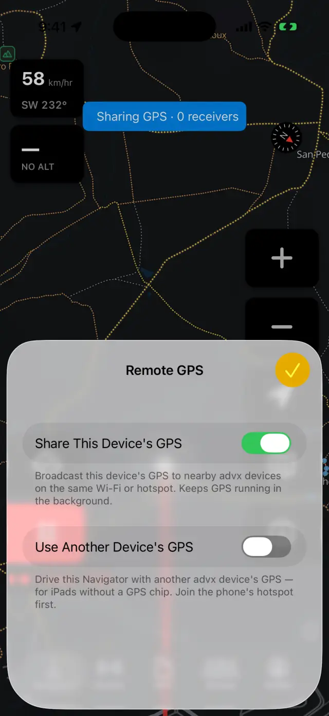 The Remote GPS screen with the share and receive switches and the GPS source list