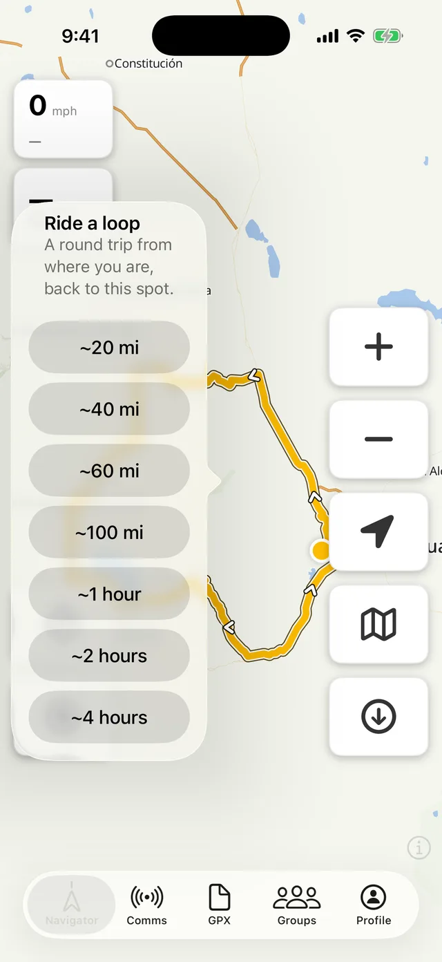 The Ride a loop sheet offering distance and time budgets
