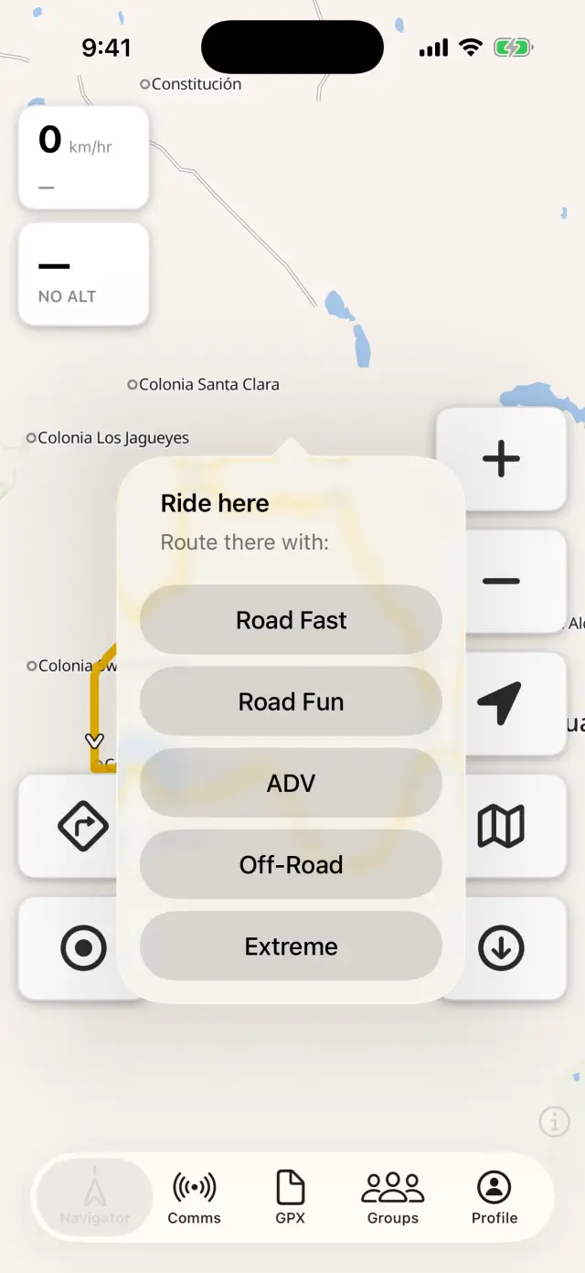 The Ride here sheet offering the five routing profiles after a long-press on the map