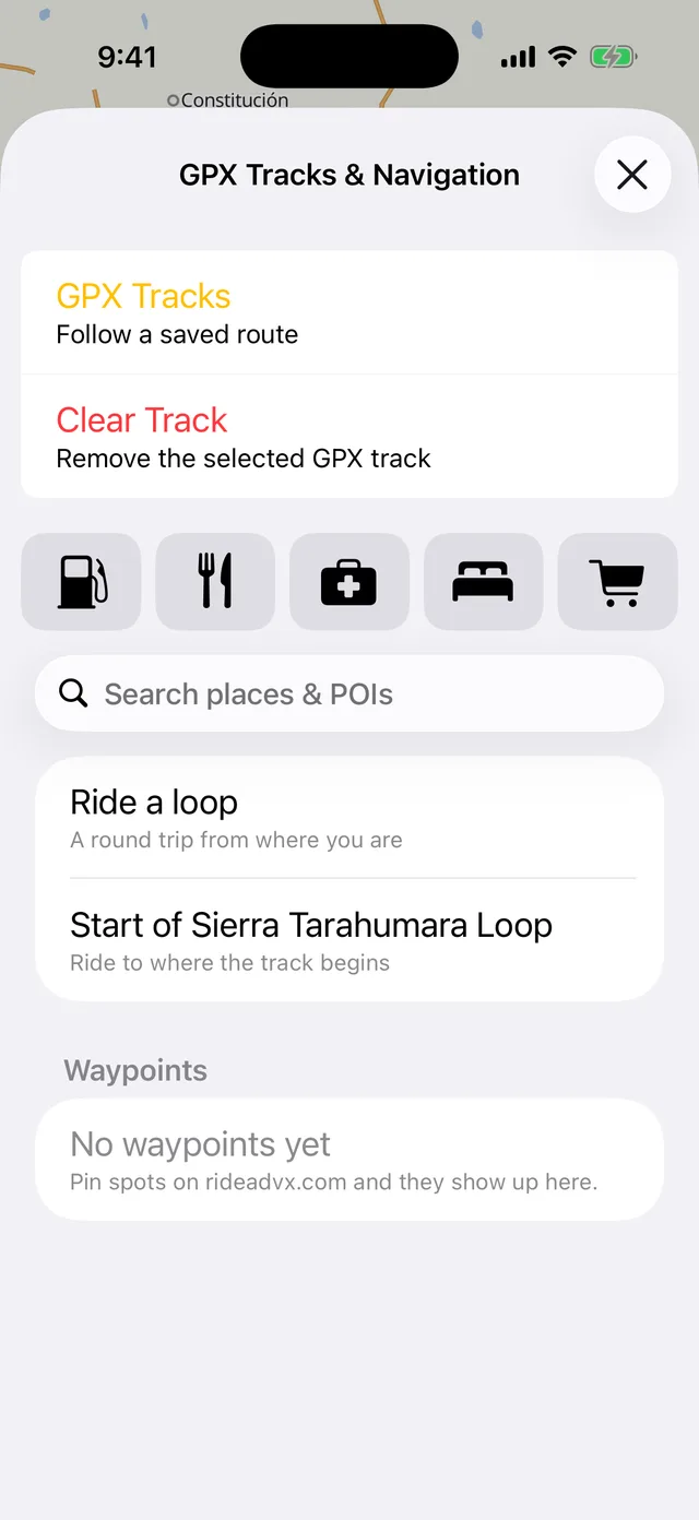 The GPX Tracks and Navigation picker listing tracks from the library