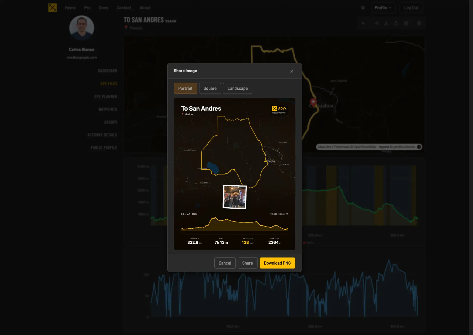 The Share Image dialog turning a track into a ready-to-post ride card with the route map, elevation profile, and headline stats