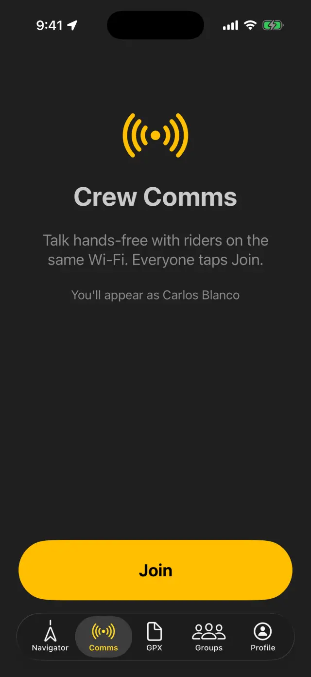 Crew comms intercom screen ready to join