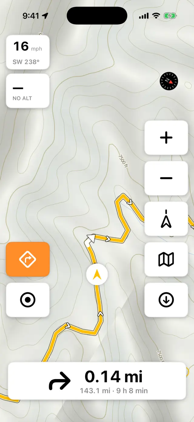 Turn-by-turn navigation with the next turn shown along the bottom of the screen