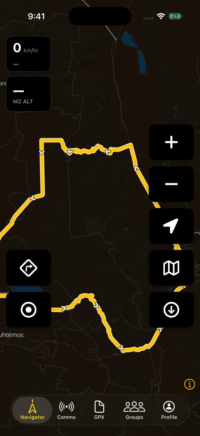 Offline navigator showing a loaded route on a dark map with zero bars